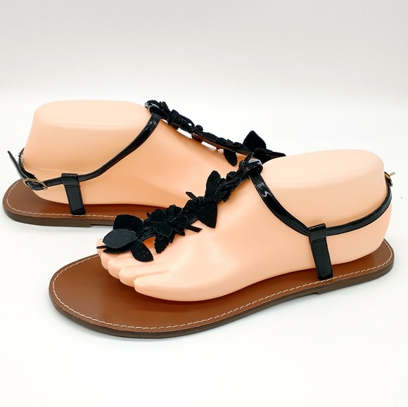 GAP Thong Black Flat Sandals with Suede Flowers - Picture 2 of 6